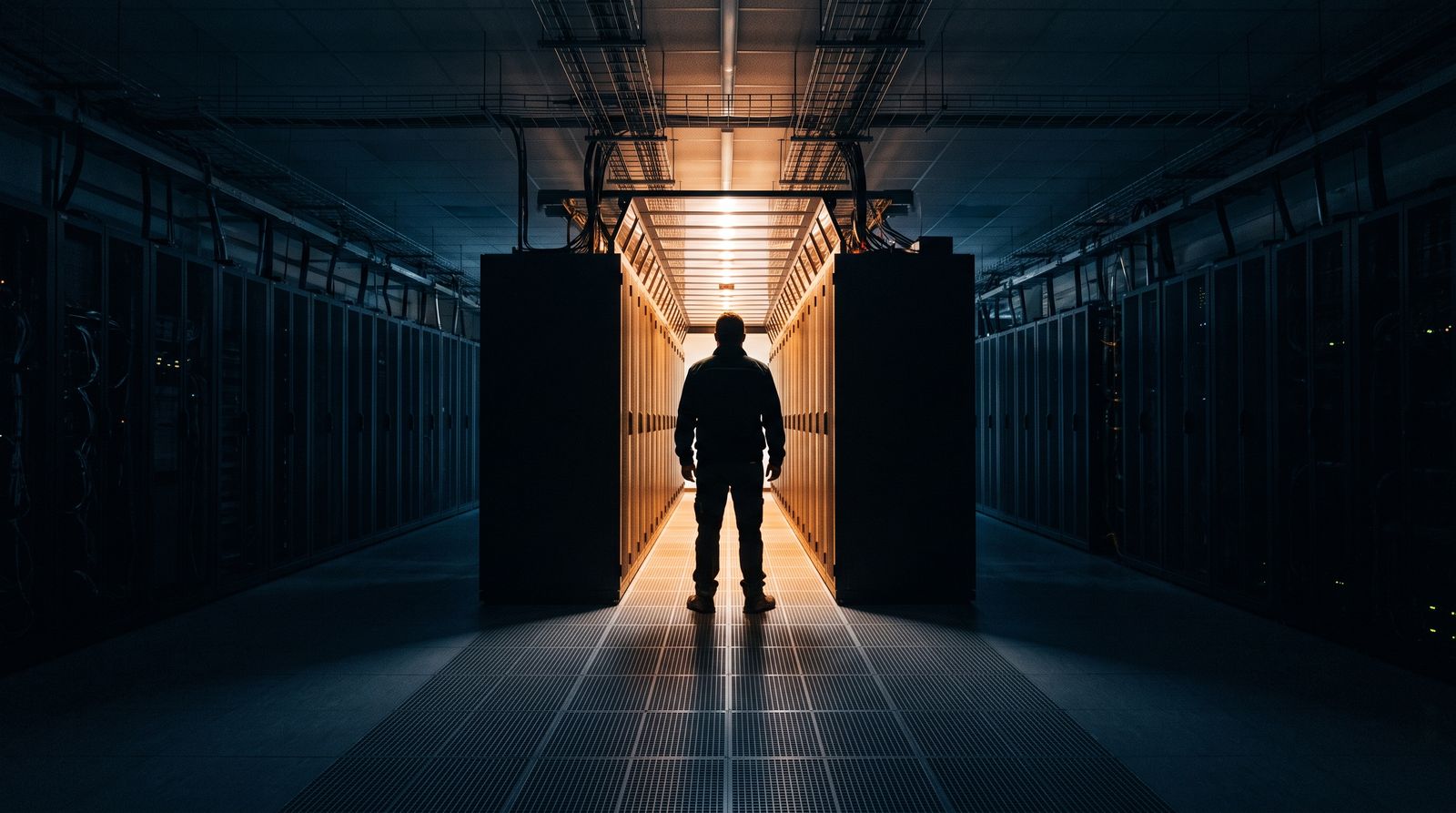 One brightly lit aisle in an otherwise dark data center hall