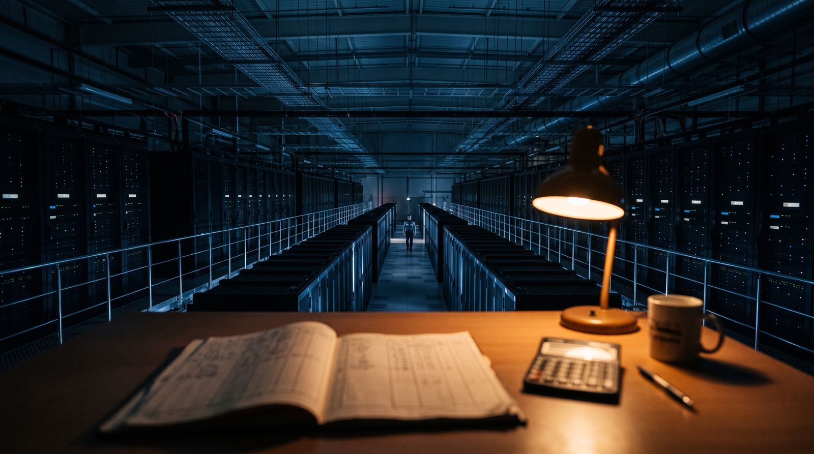 Rows of server racks in a data center hall with an accountant's ledger and calculator in the foreground