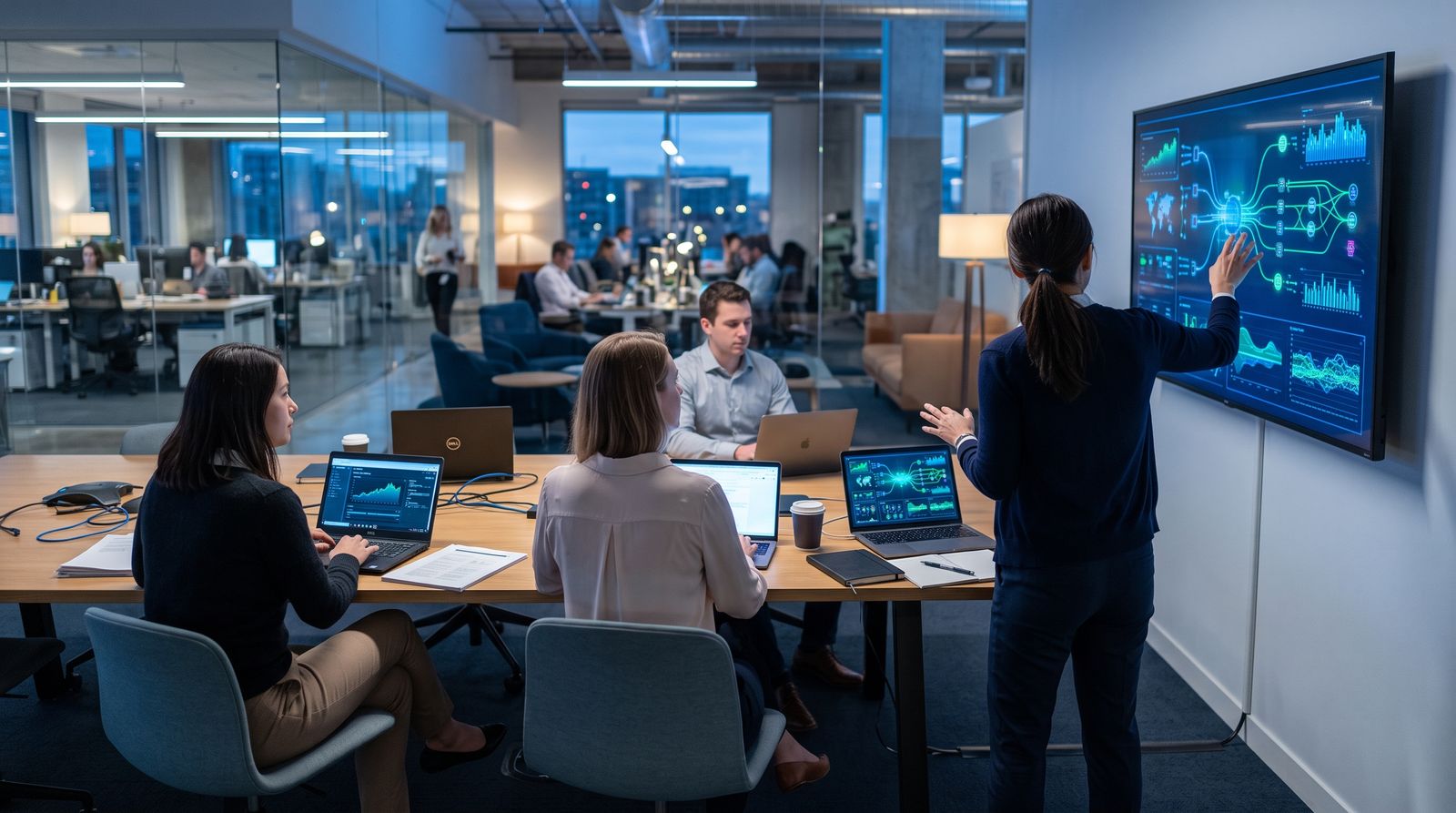 Consultants embedded inside a client office working at a wall screen of data flows