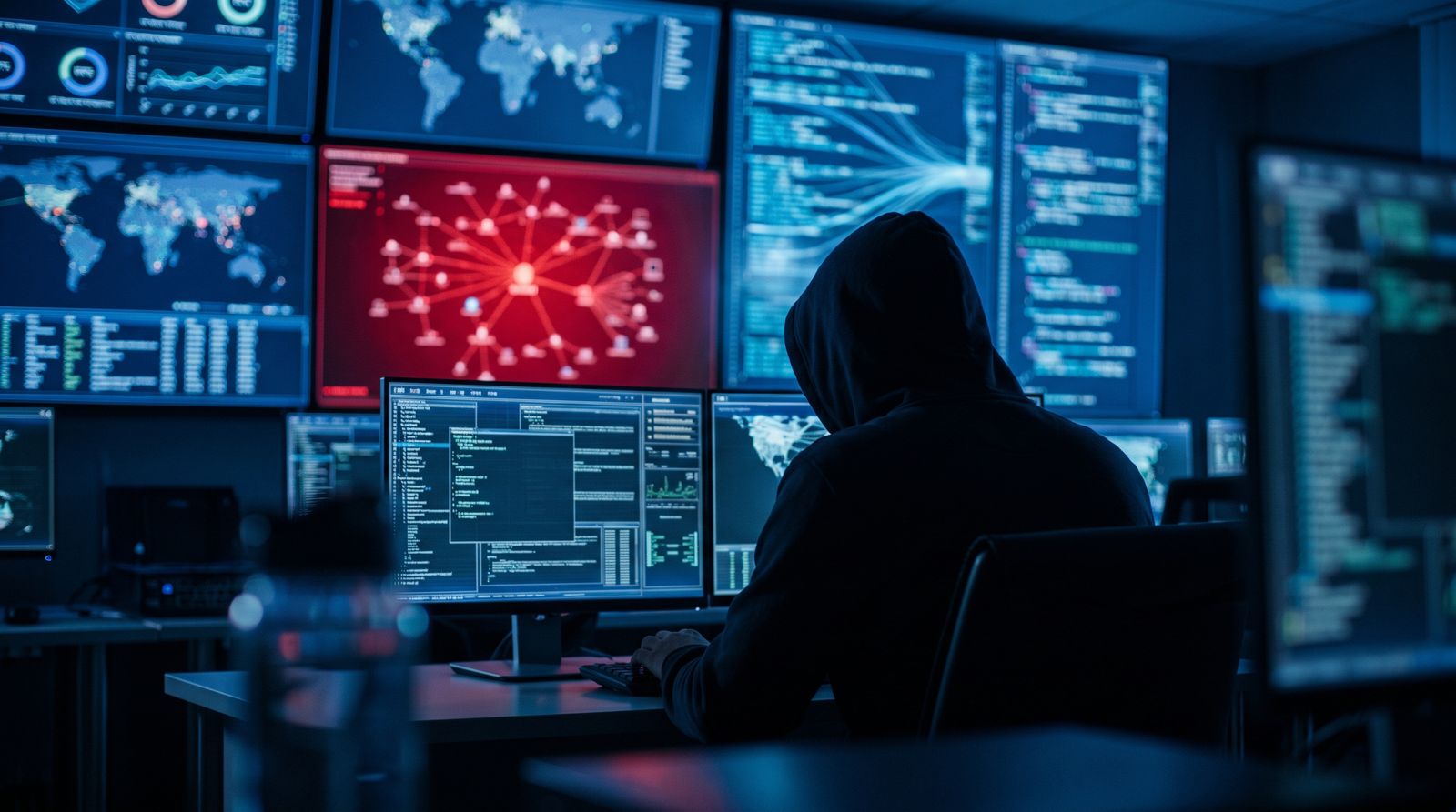 Security analyst silhouetted before glowing monitors in a dark security operations center