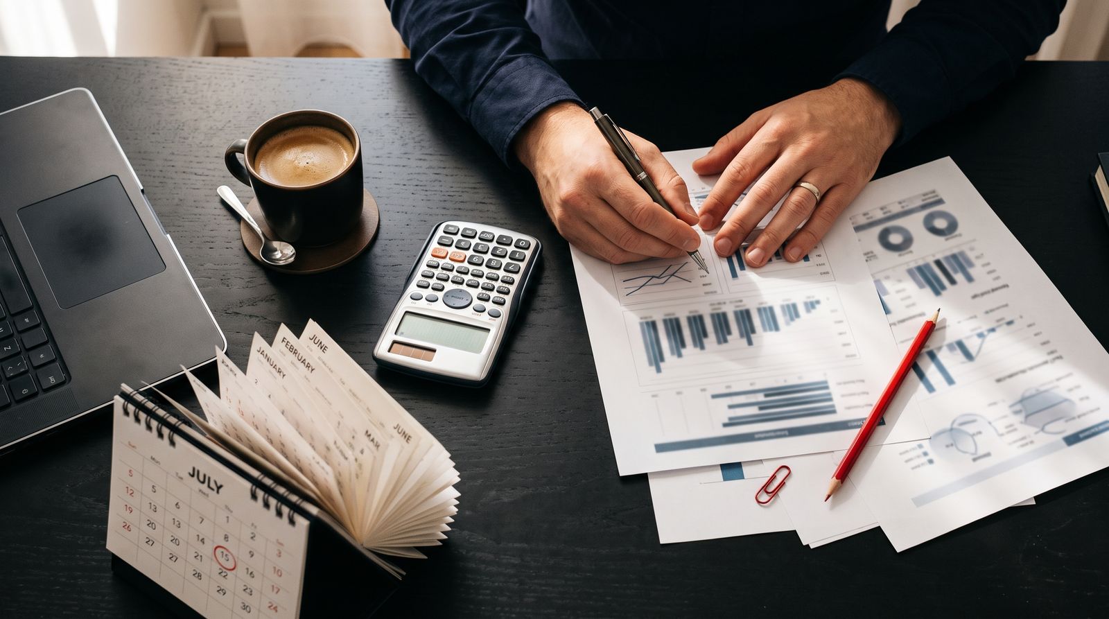 Overhead view of hands reviewing printed financial charts with a calculator on a black desk