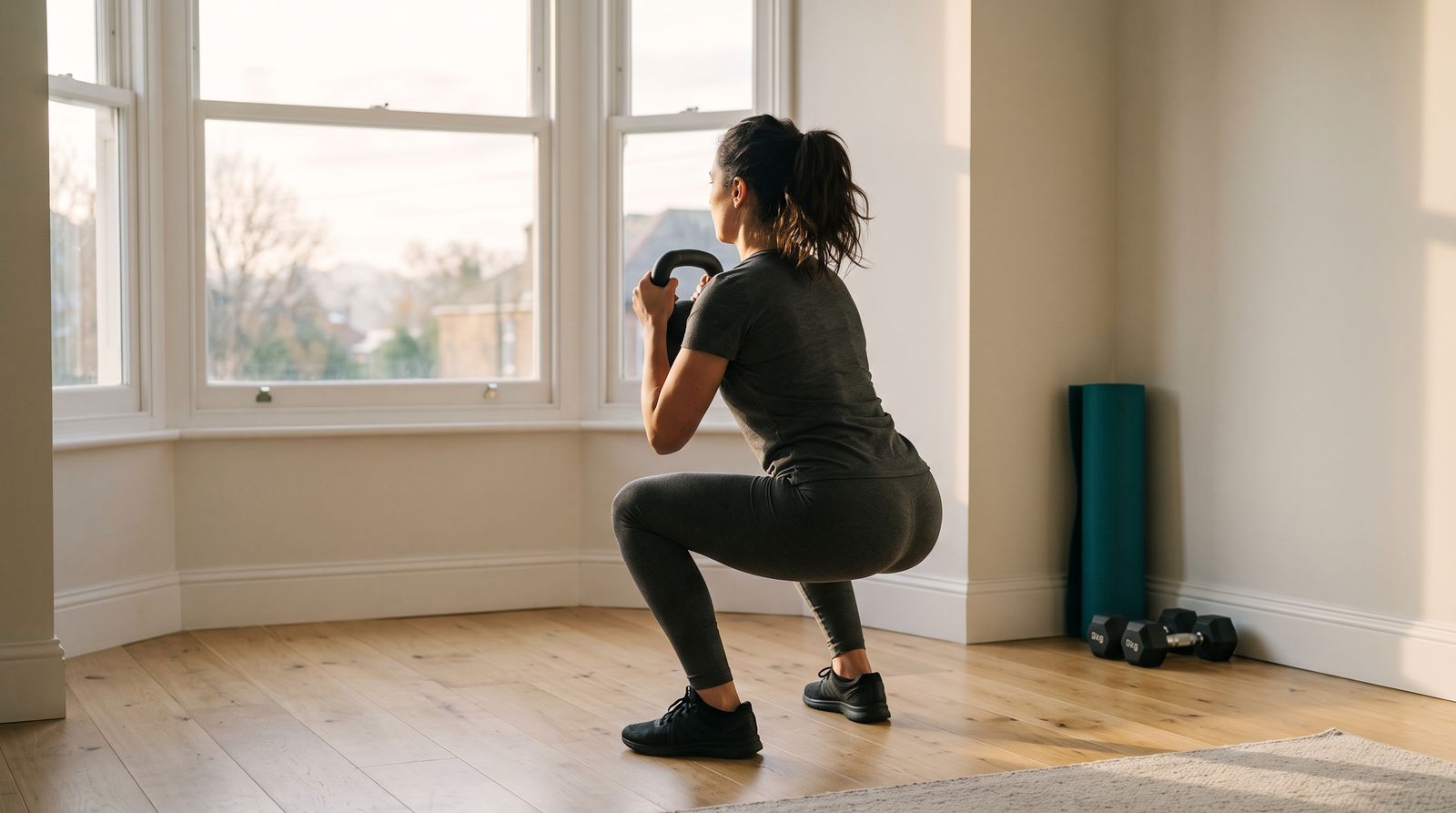 Person does a kettlebell squat in a sunlit living room at dawn