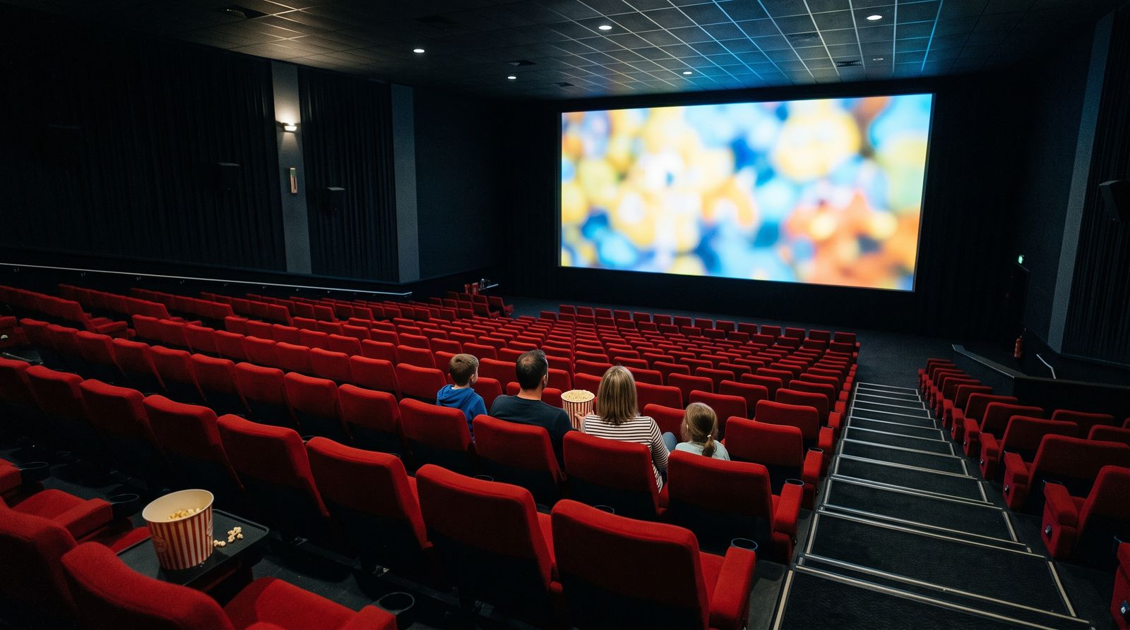 A family of four watches an animated film in a largely empty multiplex auditorium