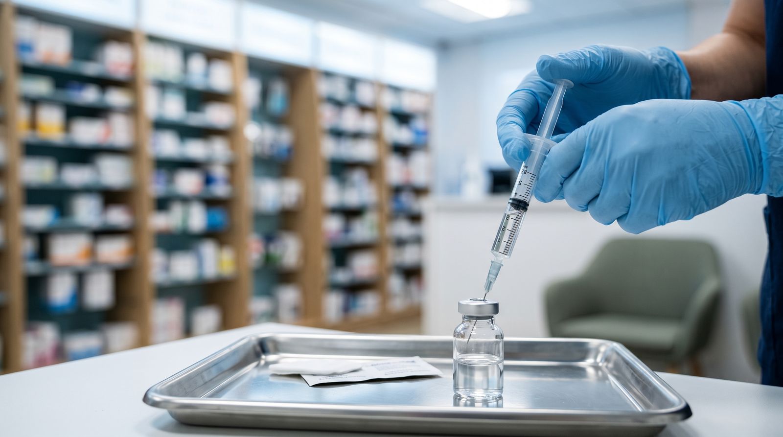 Gloved hands drawing a vaccine dose from an unlabeled glass vial on a steel tray in a bright pharmacy