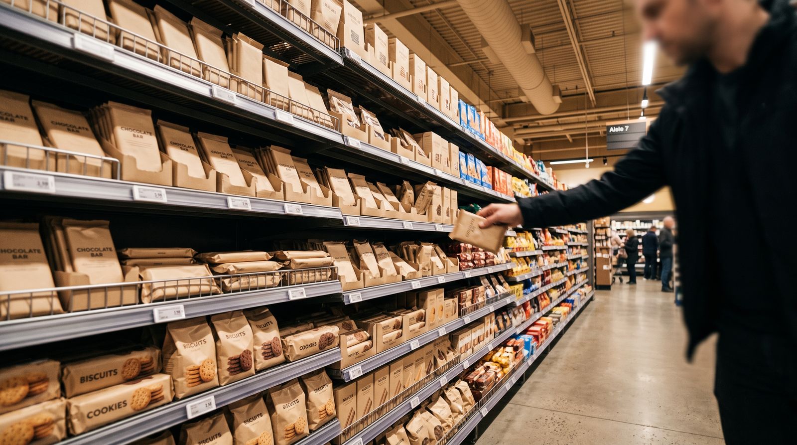 Grocery store snack aisle with unbranded chocolate and biscuit packages, an anonymous shopper reaching for one