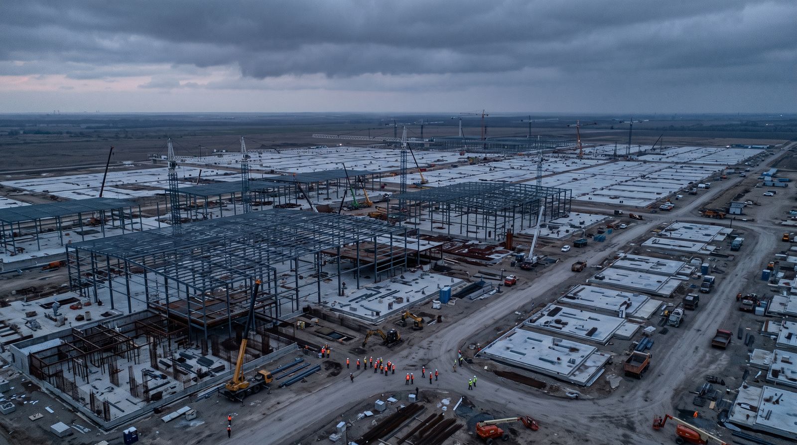 Aerial view of a half-built data center construction site at dusk under storm clouds