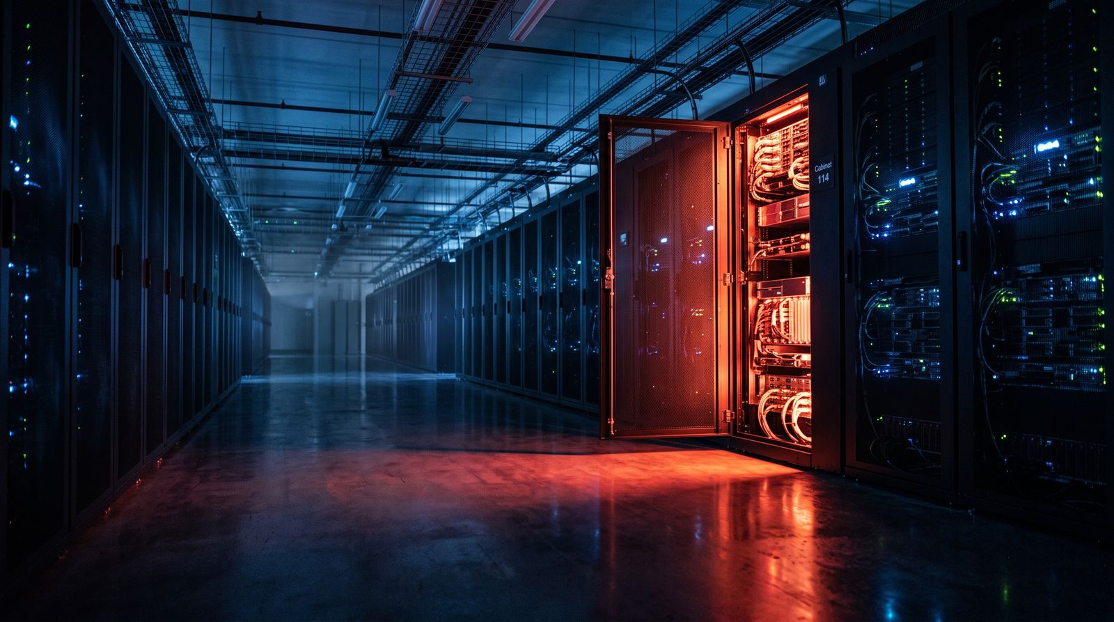 Open server cabinet glowing red in a dark data center aisle