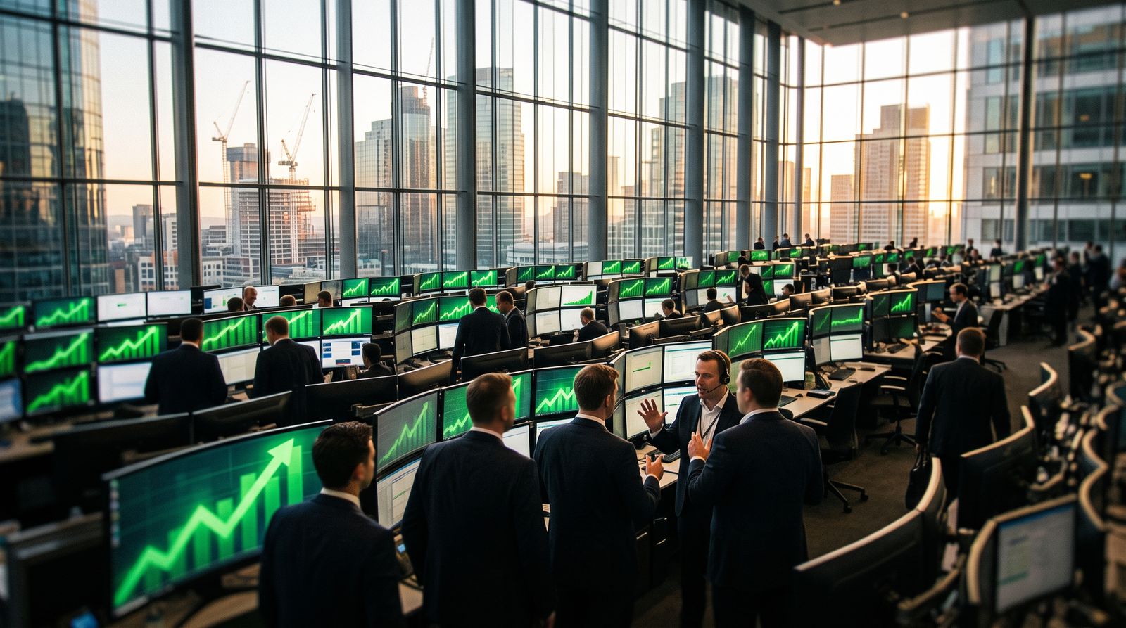 Trading floor with glowing monitors showing rising charts