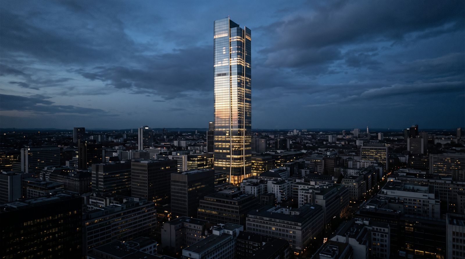 A single brightly lit skyscraper towering over a darkened financial-district skyline at dusk, a visual metaphor for a market carried by one dominant name