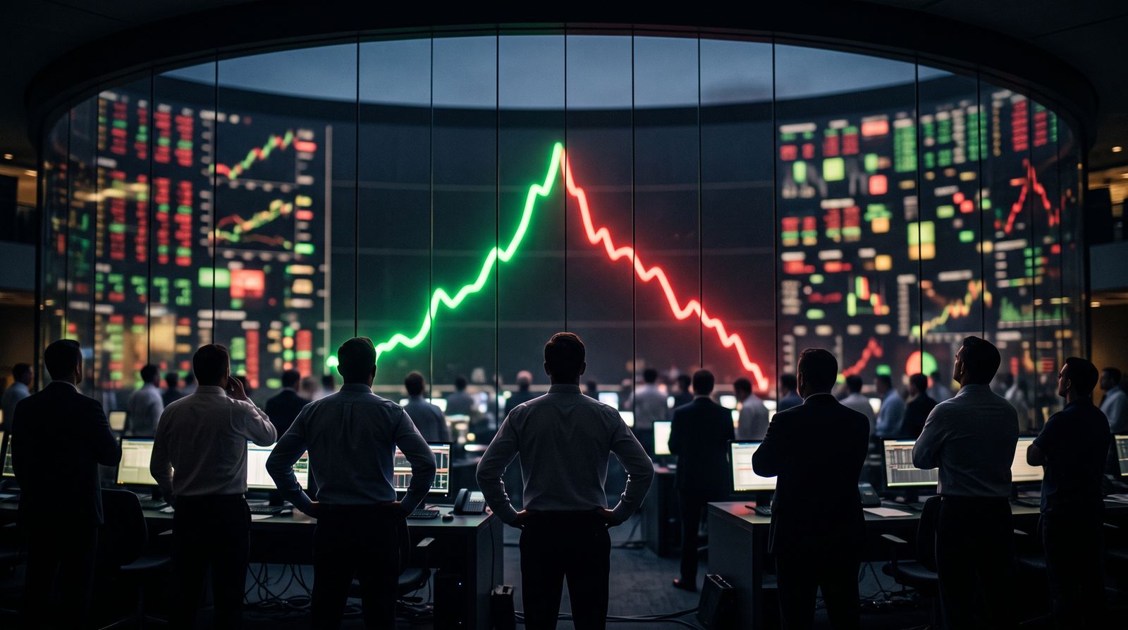 Trading floor screen wall showing one rising green curve and one falling red curve as silhouetted traders watch