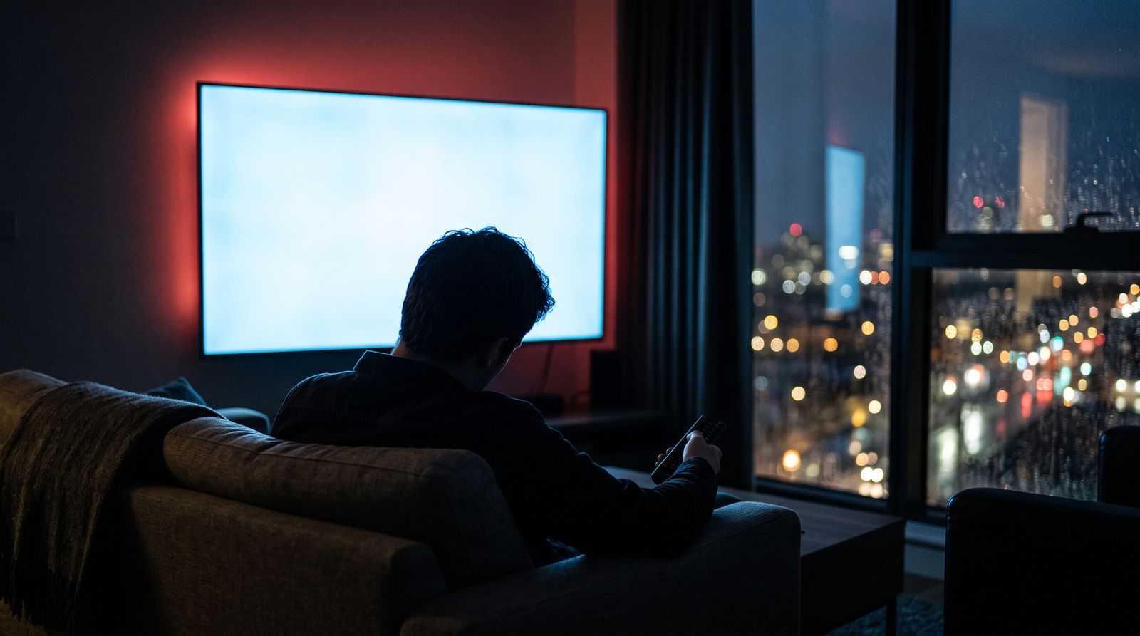 Silhouetted viewer on a sofa facing a glowing television screen in a dim living room