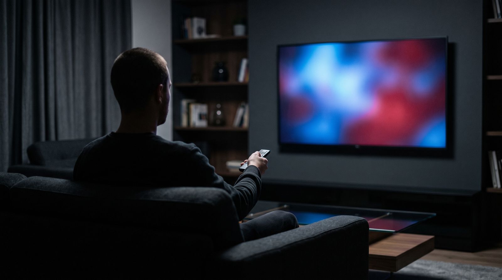 A silhouetted viewer on a sofa facing a glowing television in a dark modern living room