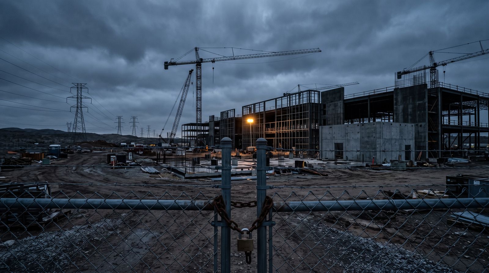 Idle cranes over an unfinished data center behind a locked fence at dusk