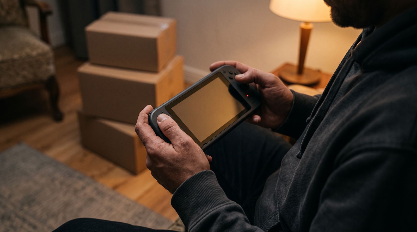 Hands holding an unbranded handheld gaming device in a dim room with shipping boxes behind