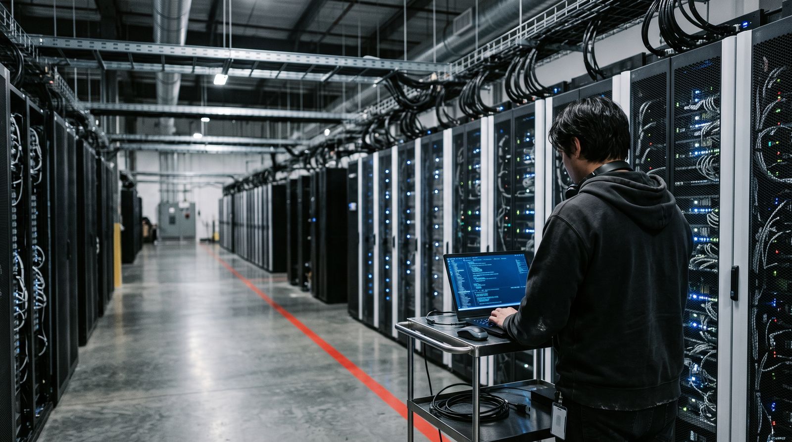 Engineer working at a laptop in front of rows of server racks in an AI data center hall