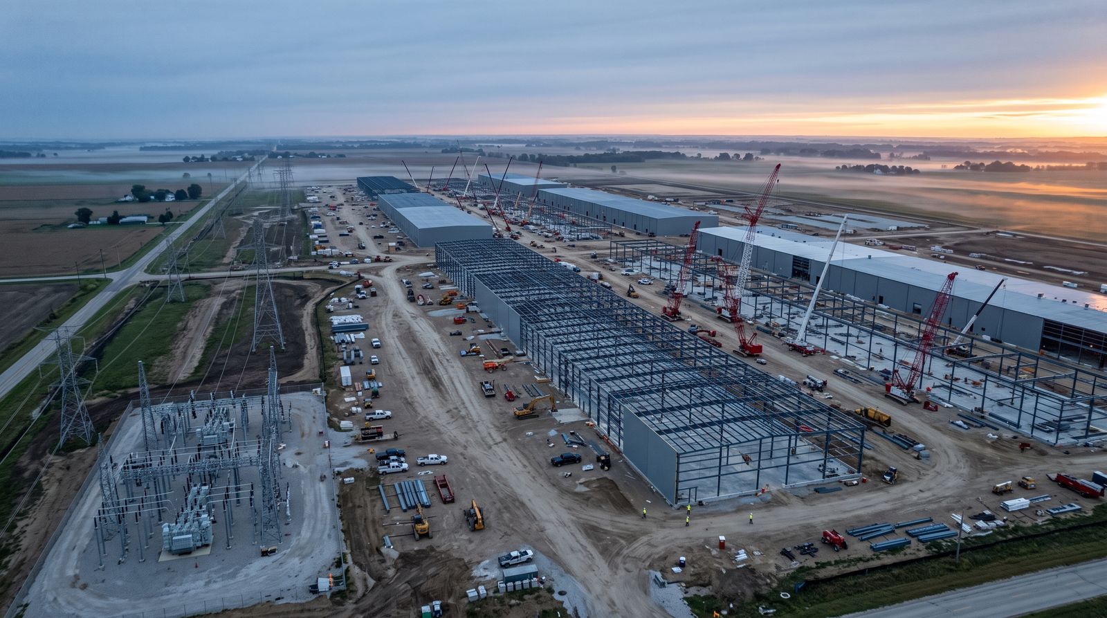 Aerial view of a vast data center campus under construction at dawn with transmission lines