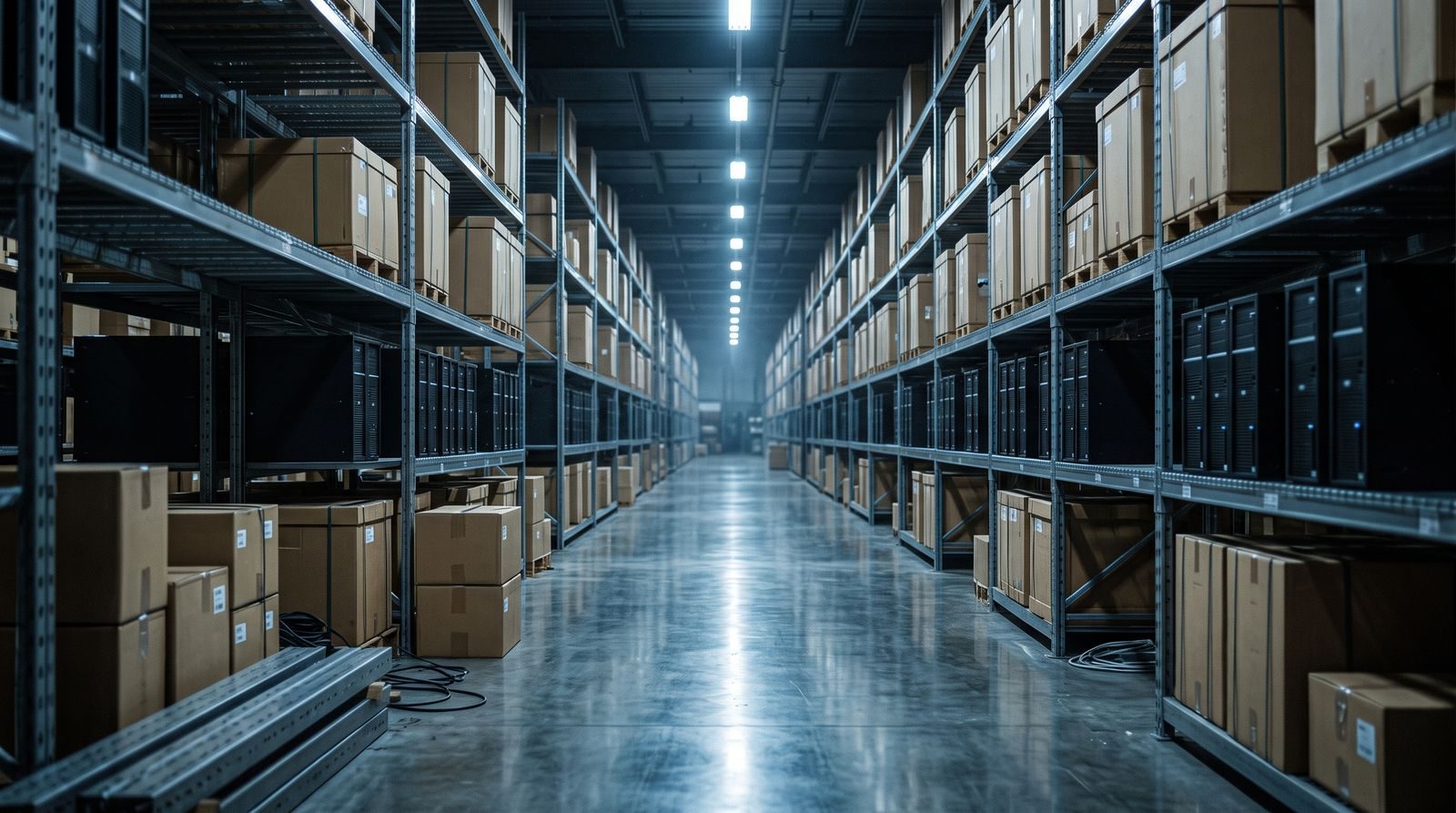 Deep aisle of a dark warehouse stacked with unmarked crates and server hardware