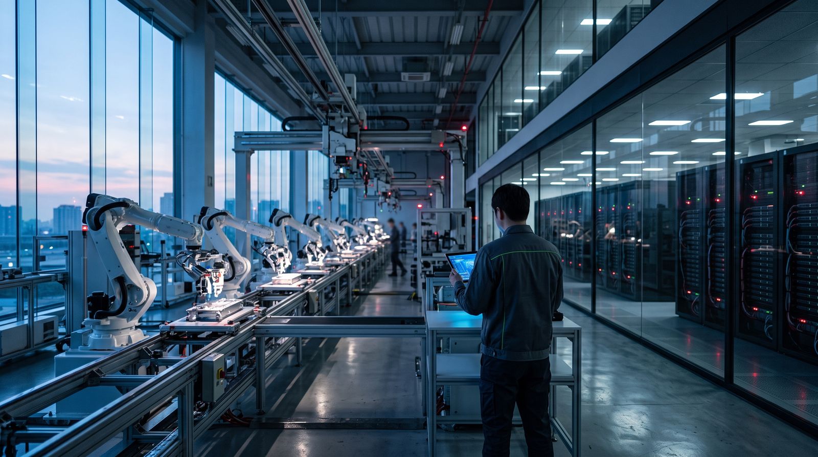 Industrial robot arms and an engineer on a Japanese factory floor with data center racks behind glass