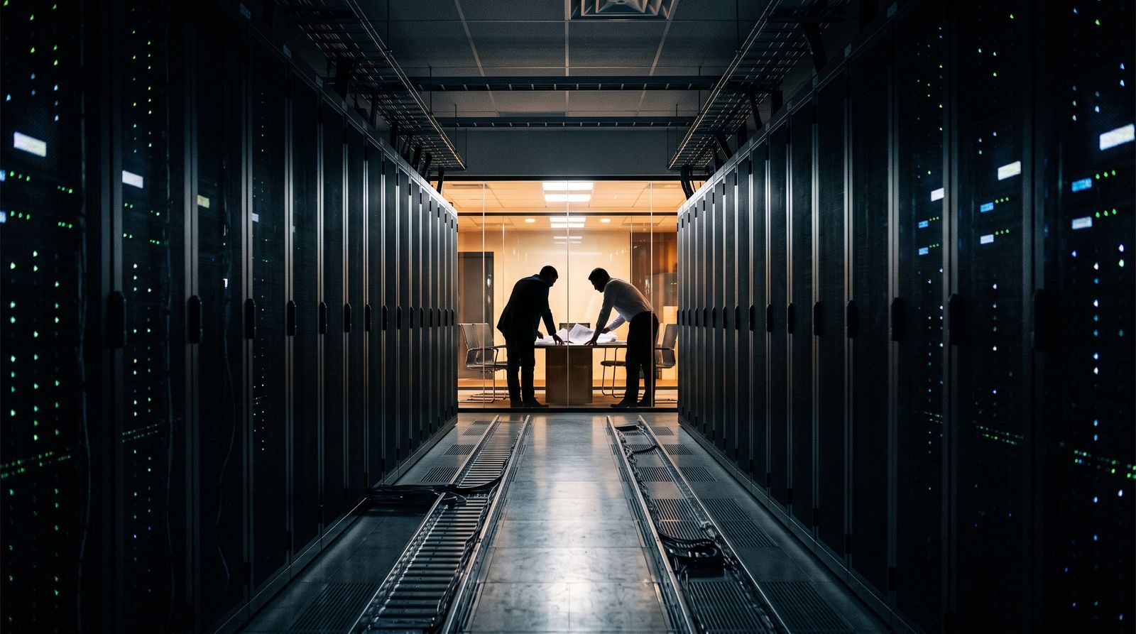 Silhouetted executives in a glass meeting room at the end of a dark data center aisle