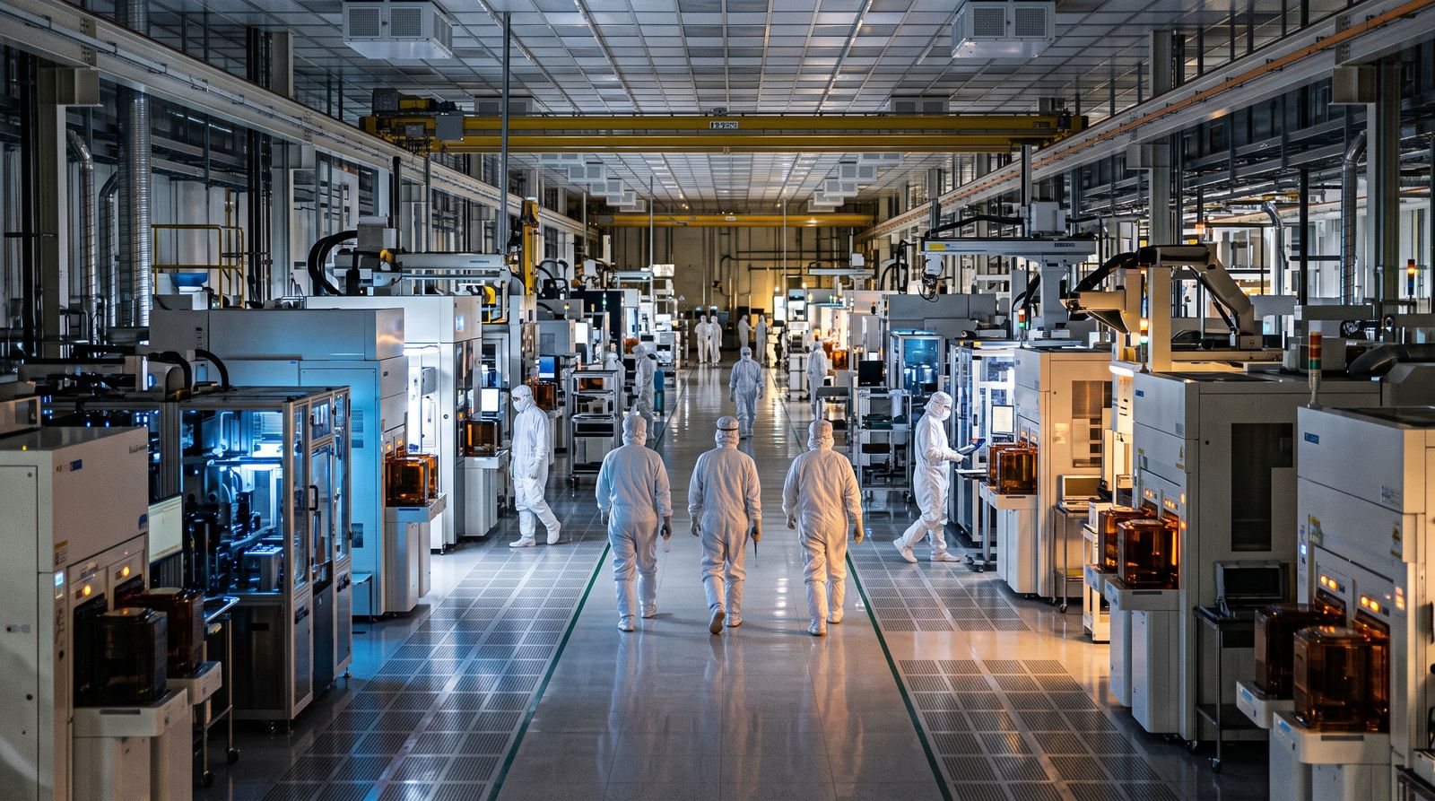 Anonymous technicians in white cleanroom suits walking through a vast semiconductor fabrication plant
