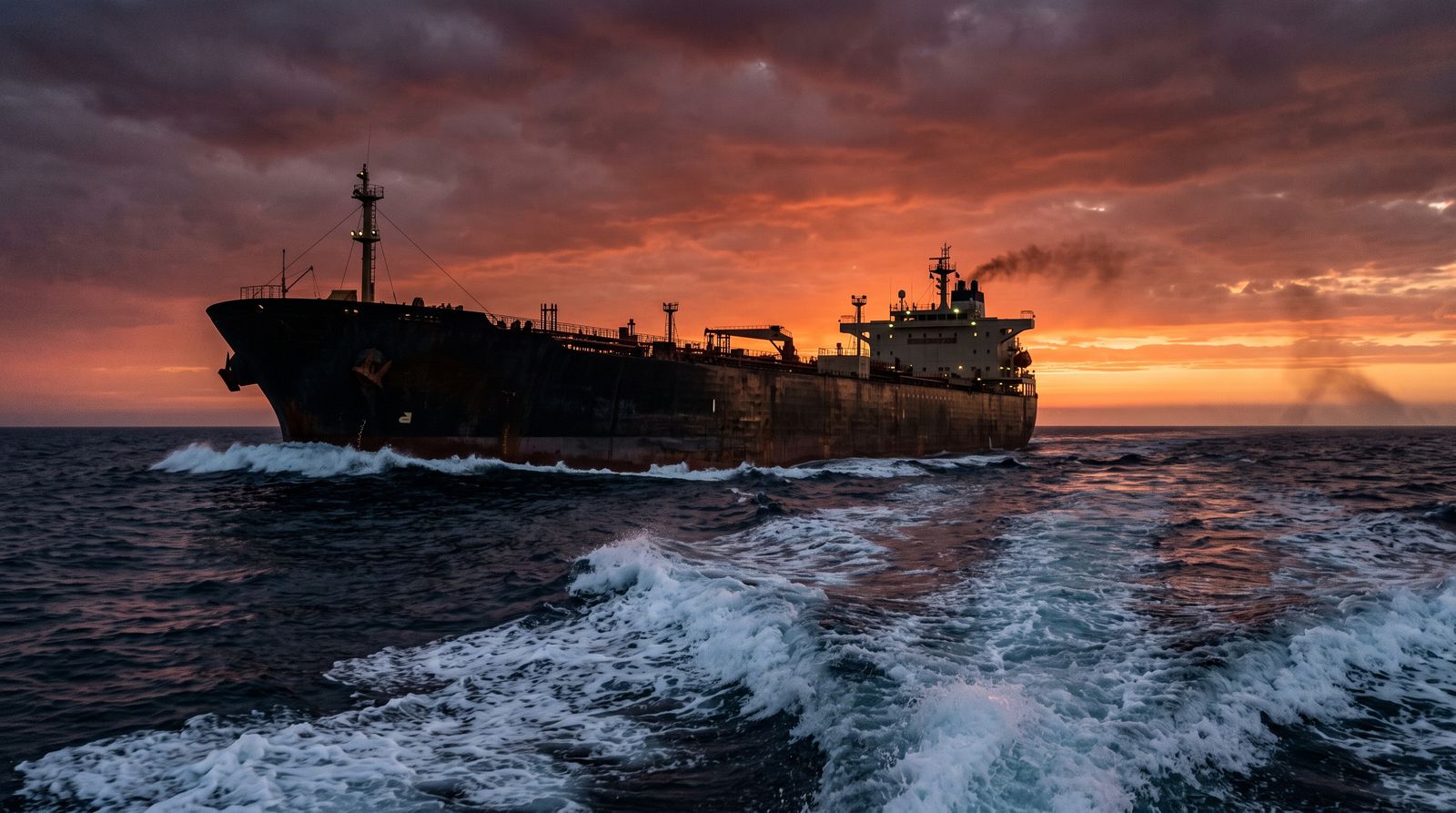 Crude oil tanker crossing open water at dusk under a red sky