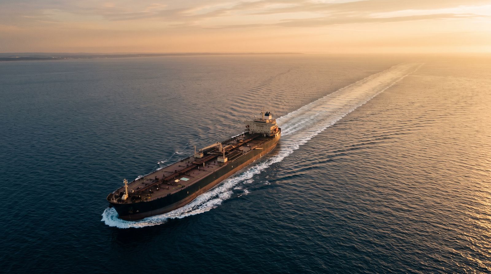 Crude oil supertanker at sea at golden hour