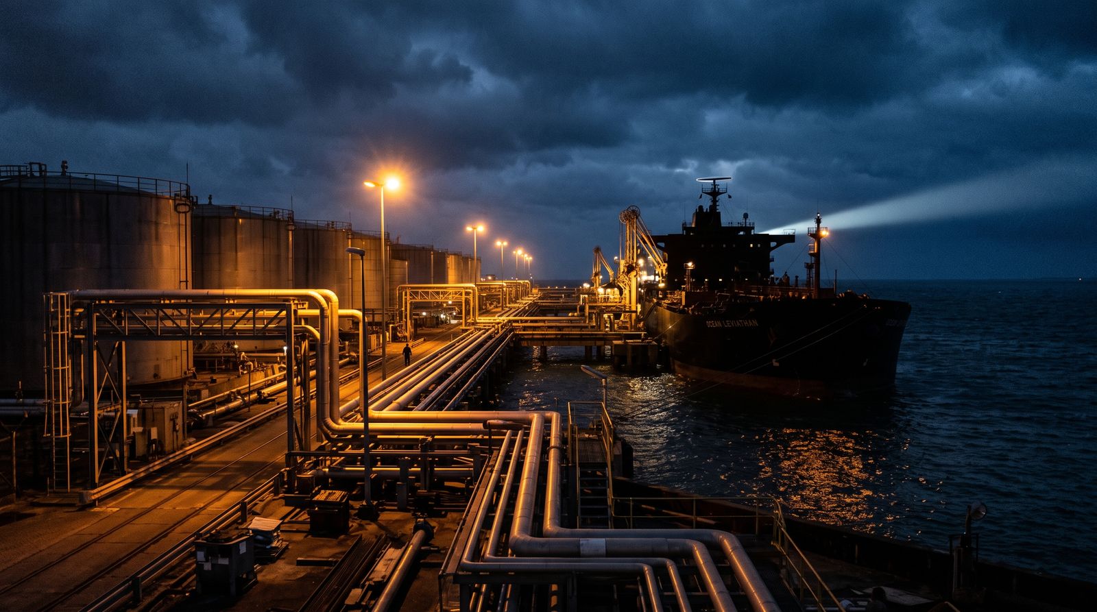 Oil export terminal at night with storage tanks, a tanker at the jetty and a searchlight sweeping the horizon