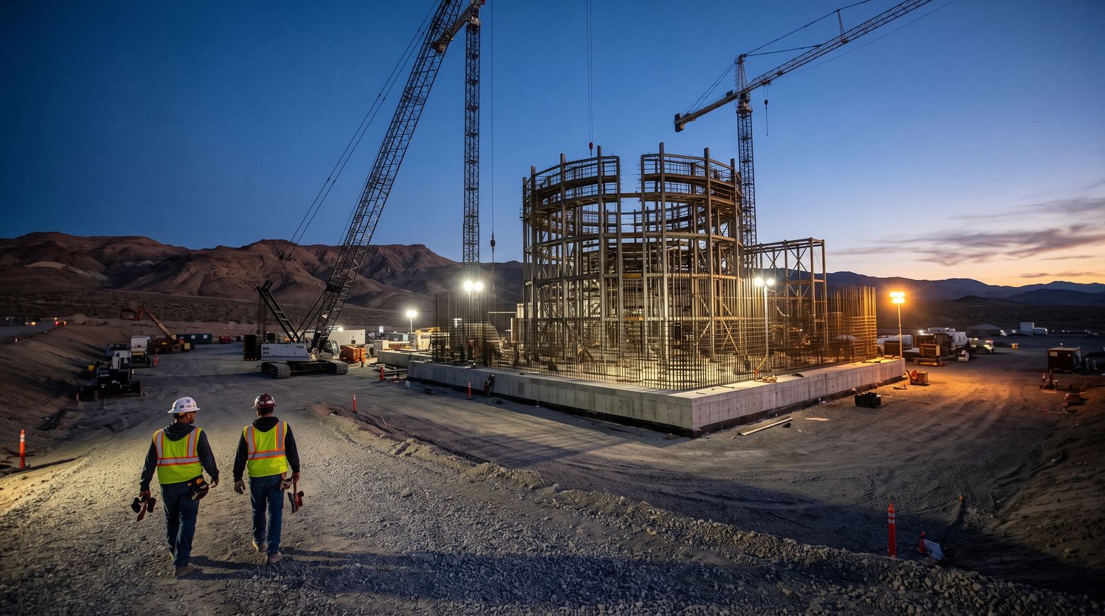 An early-stage advanced nuclear reactor construction site at dusk