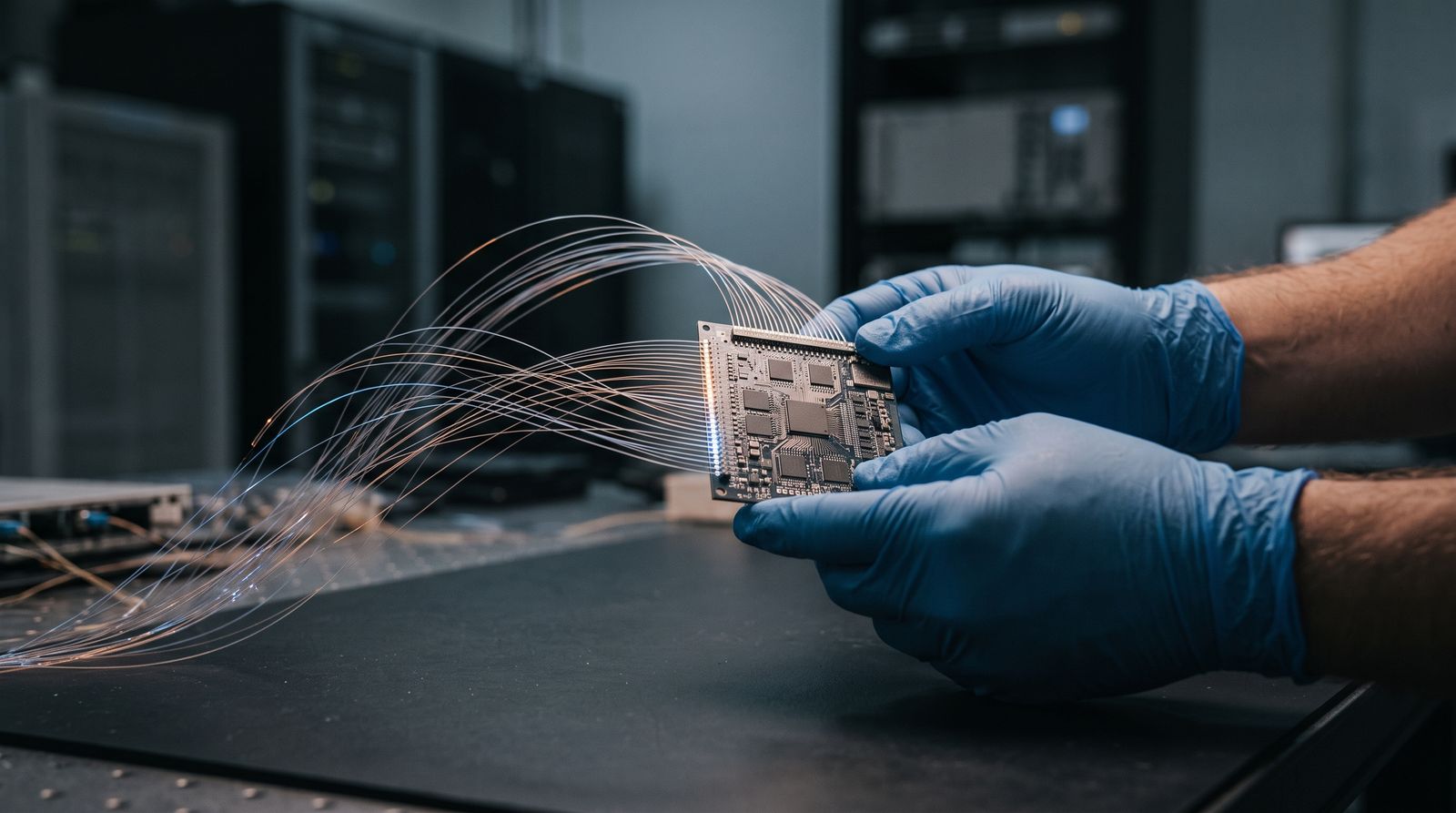 Gloved hands hold a bare chip module with glowing fiber-optic strands in a dark lab
