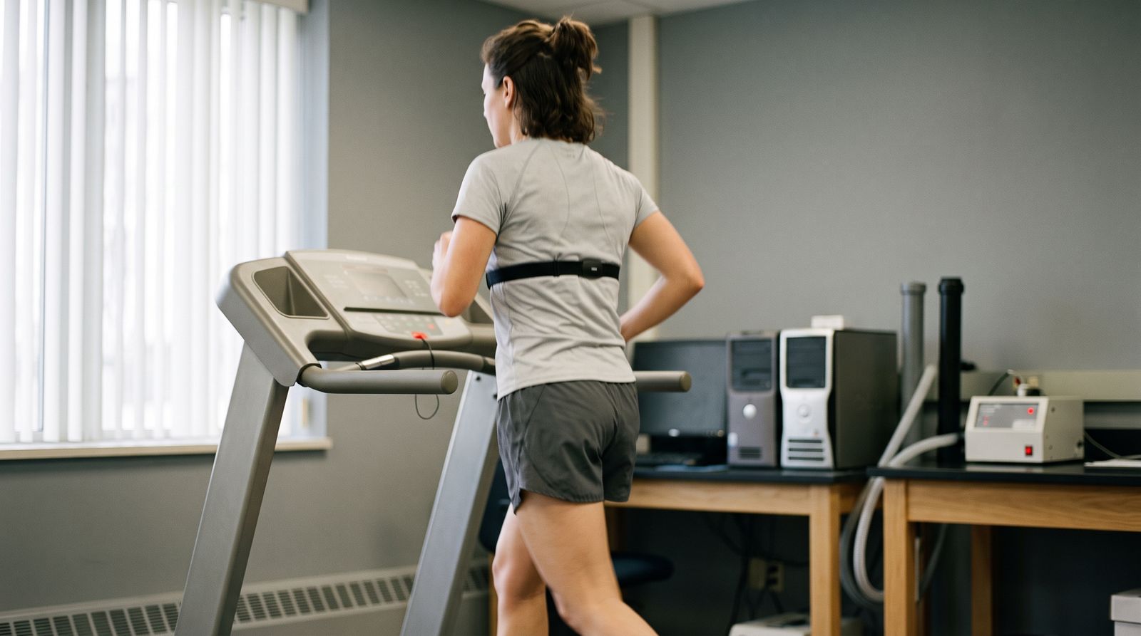 A person walking briskly on a treadmill in an exercise physiology lab
