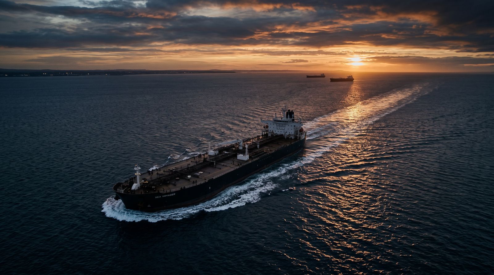 Oil supertanker transiting a strait at dusk