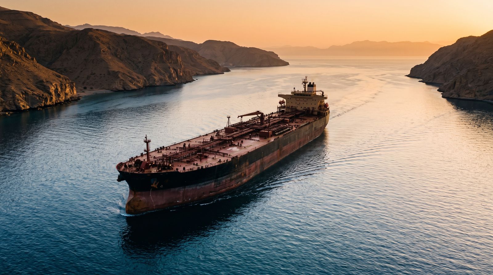 A lone crude oil tanker transits an otherwise empty narrow strait at golden hour