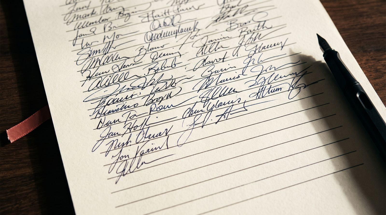 A document showing a column of signature lines, the last several left blank