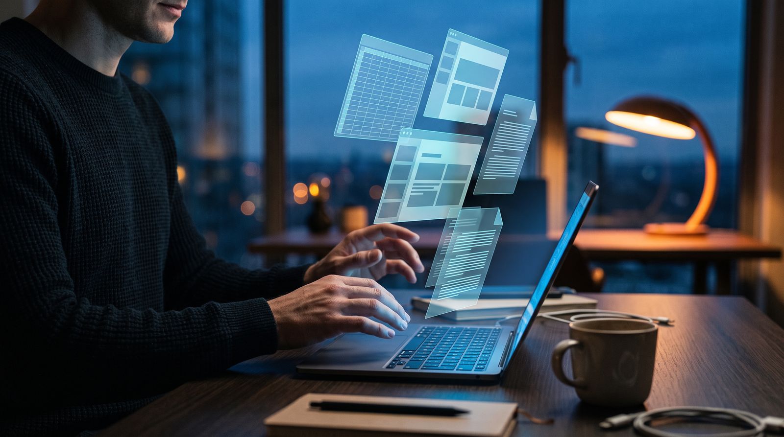 An autonomous AI work agent assembling finished documents, spreadsheets and slides above a laptop.
