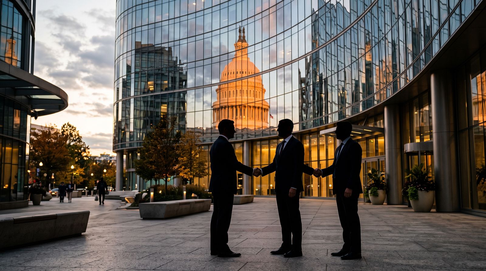 Government and tech figures shake hands before a capitol dome reflected in glass