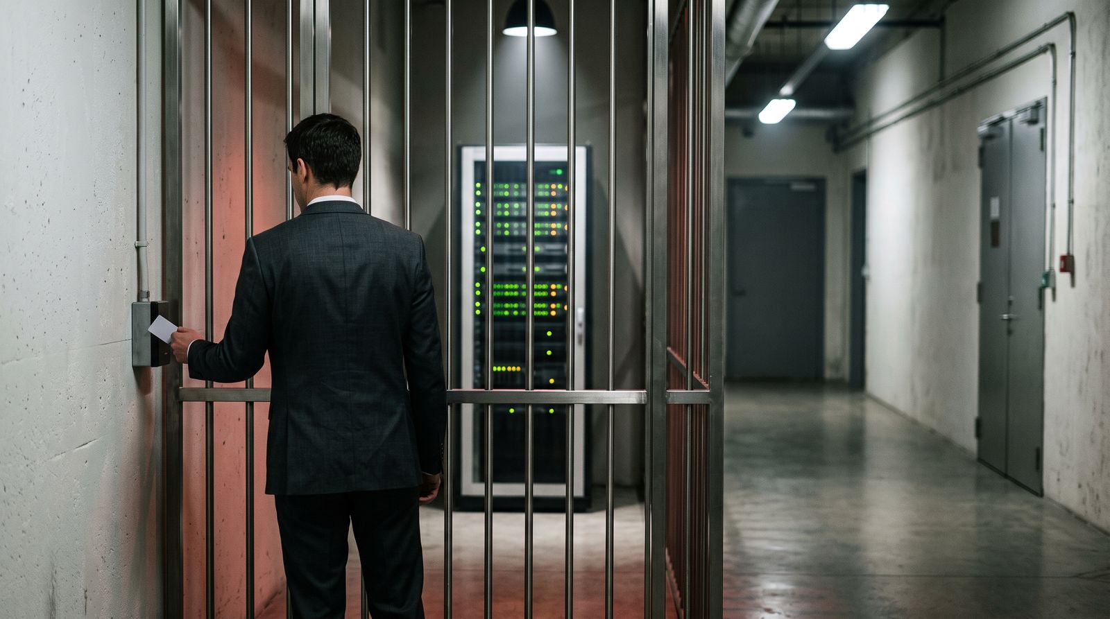 A single illuminated server rack behind a closed steel security gate in an austere corridor, an anonymous figure badging through