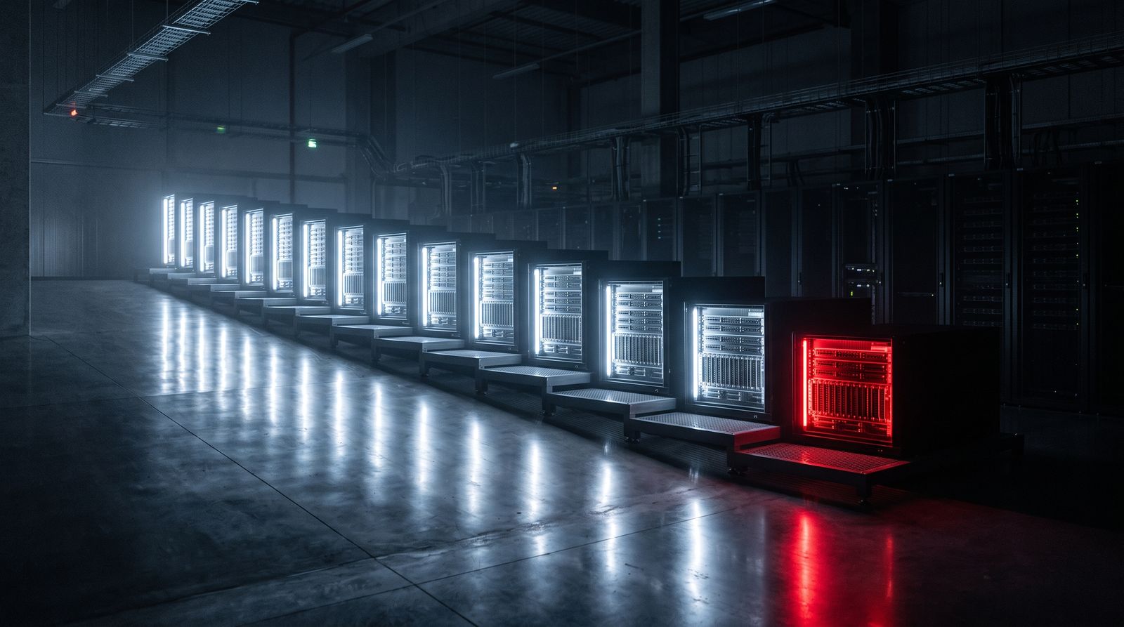 Row of server modules descending in steps, the lowest glowing red