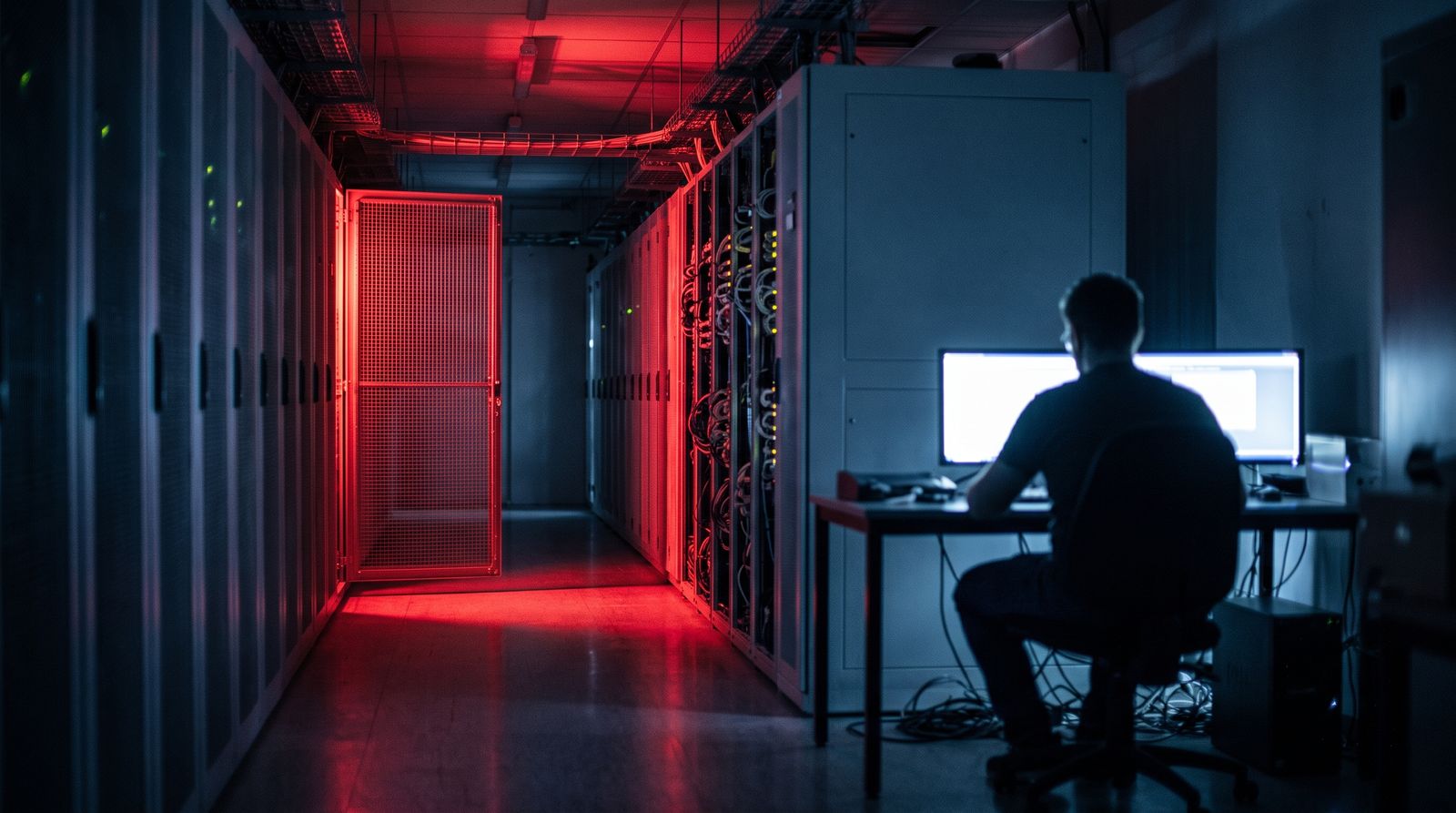 An open server cage door in a dark data center aisle with red emergency light spilling out