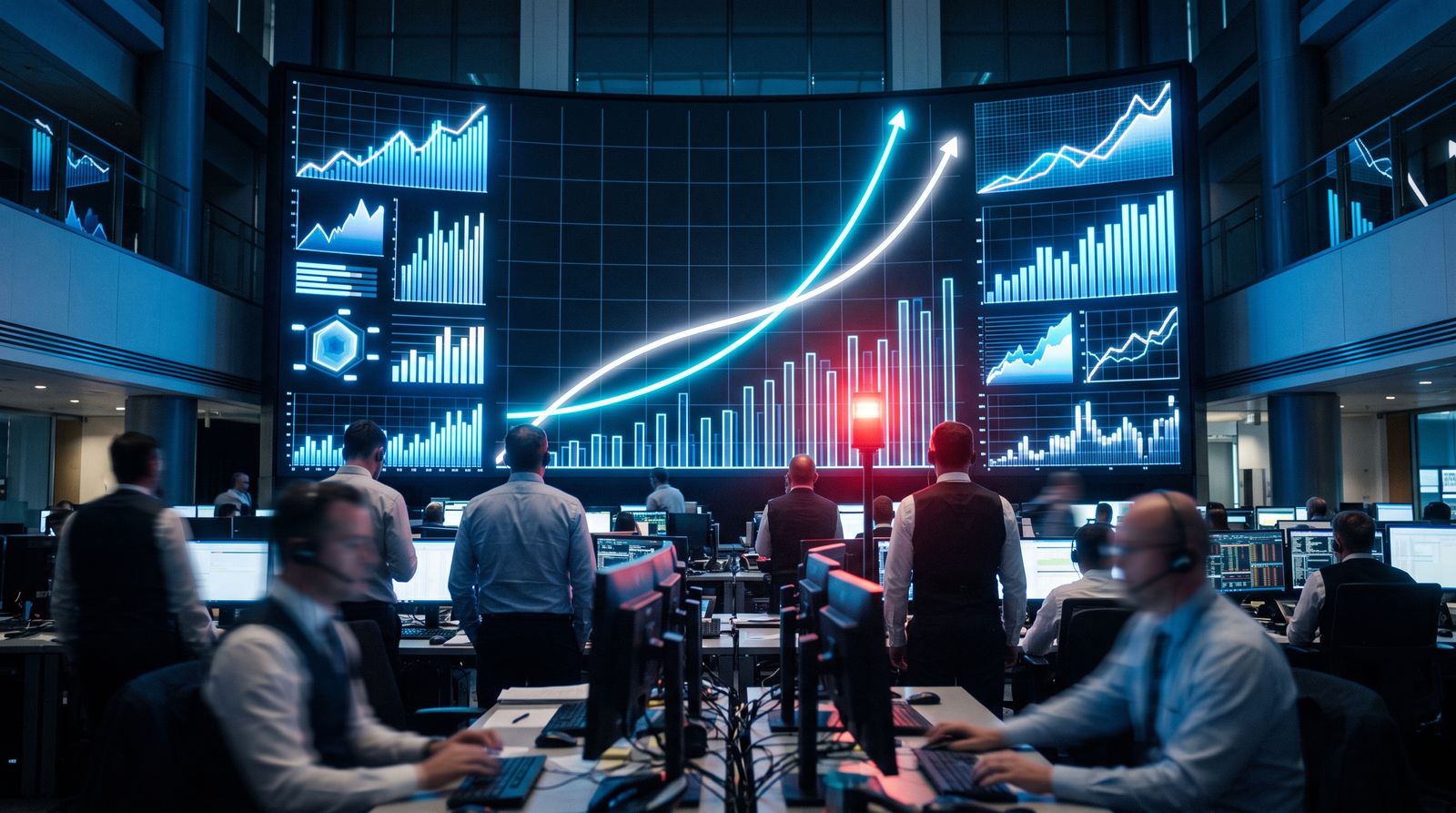 Anonymous traders on a financial trading floor looking up at glowing screens with two abstract ascending curves crossing near the top