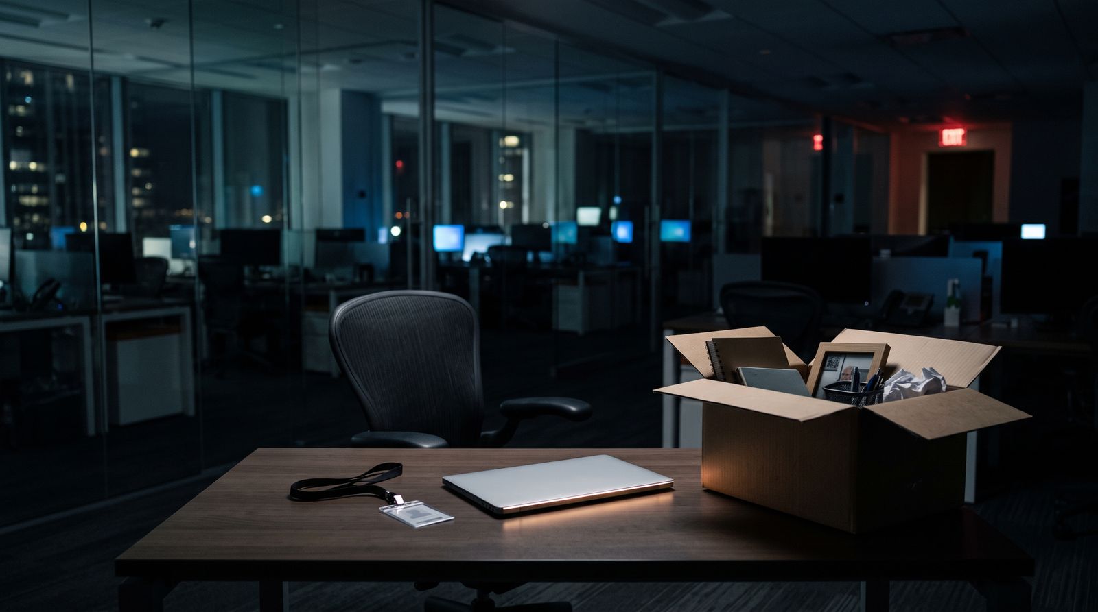 An empty office desk at night with an unreturned laptop, access badge and packed box