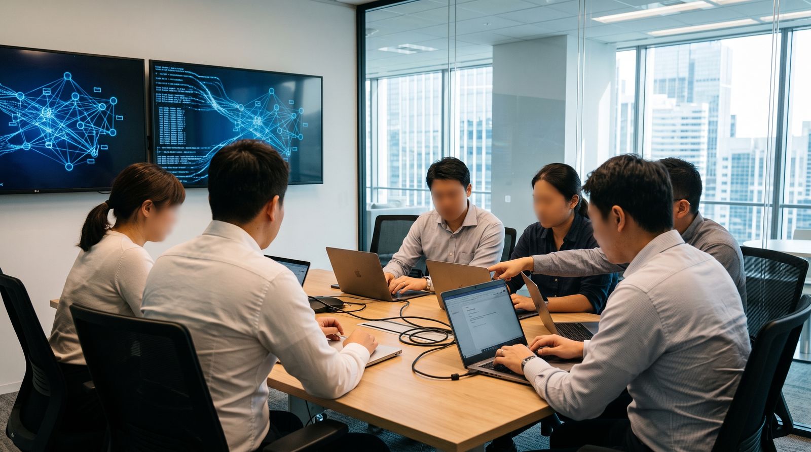 Engineers embedded alongside office staff with wall screens showing abstract data networks
