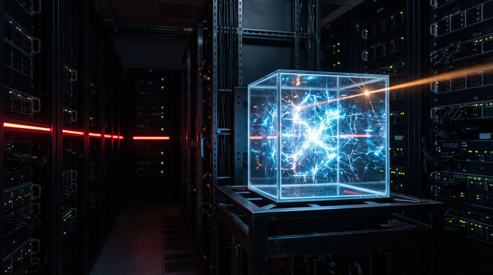 Glass containment cube in a dark data center with light escaping through a crack
