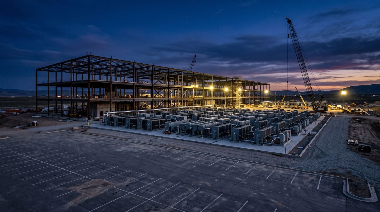 A partially constructed data center at dusk beside an empty parking lot