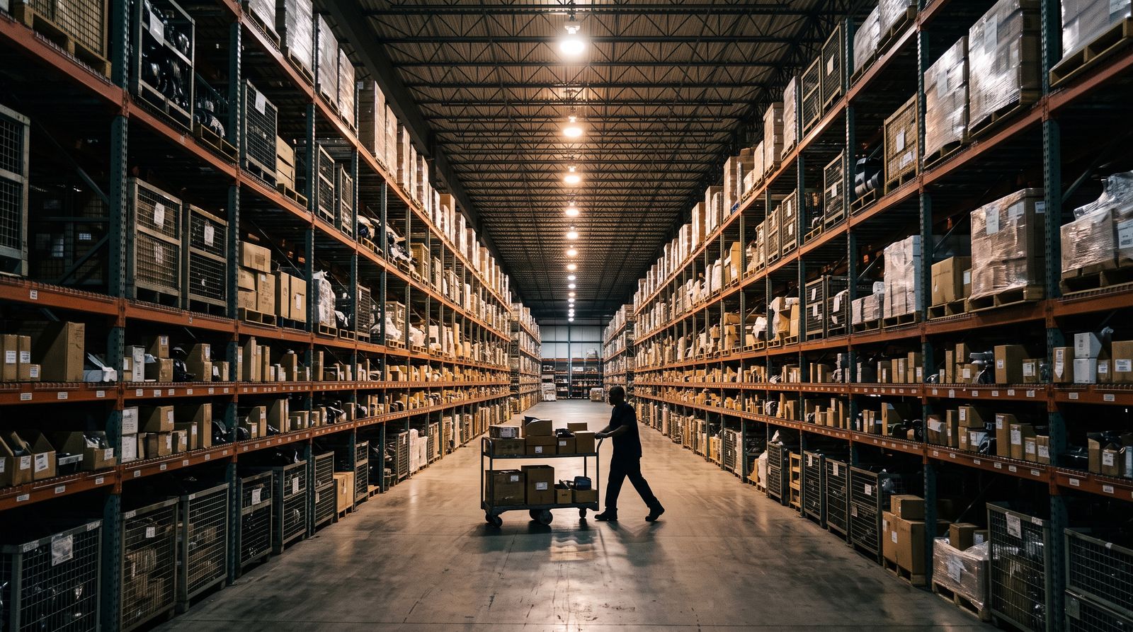 Long aisle of a large auto-parts distribution warehouse