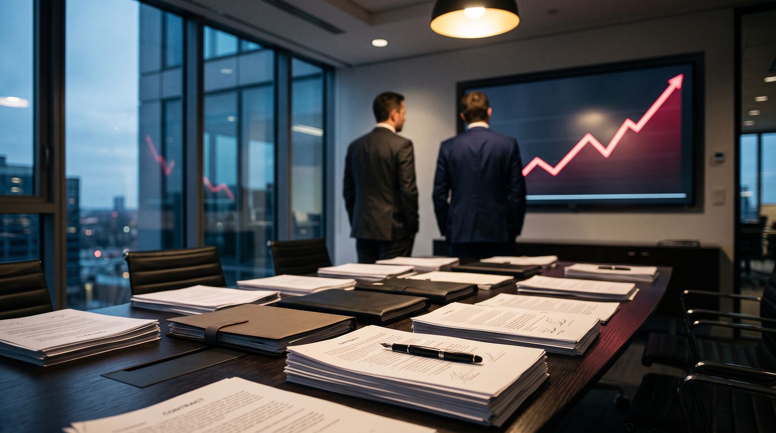 A boardroom table stacked with signed contracts in front of a rising chart on a wall display