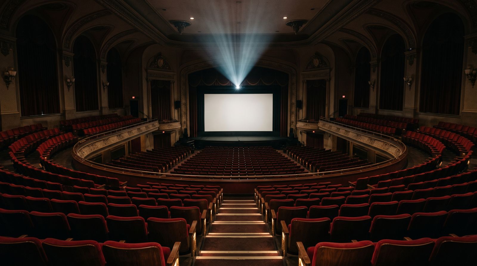 An empty movie theater auditorium with red seats and a projector beam cutting through the dark