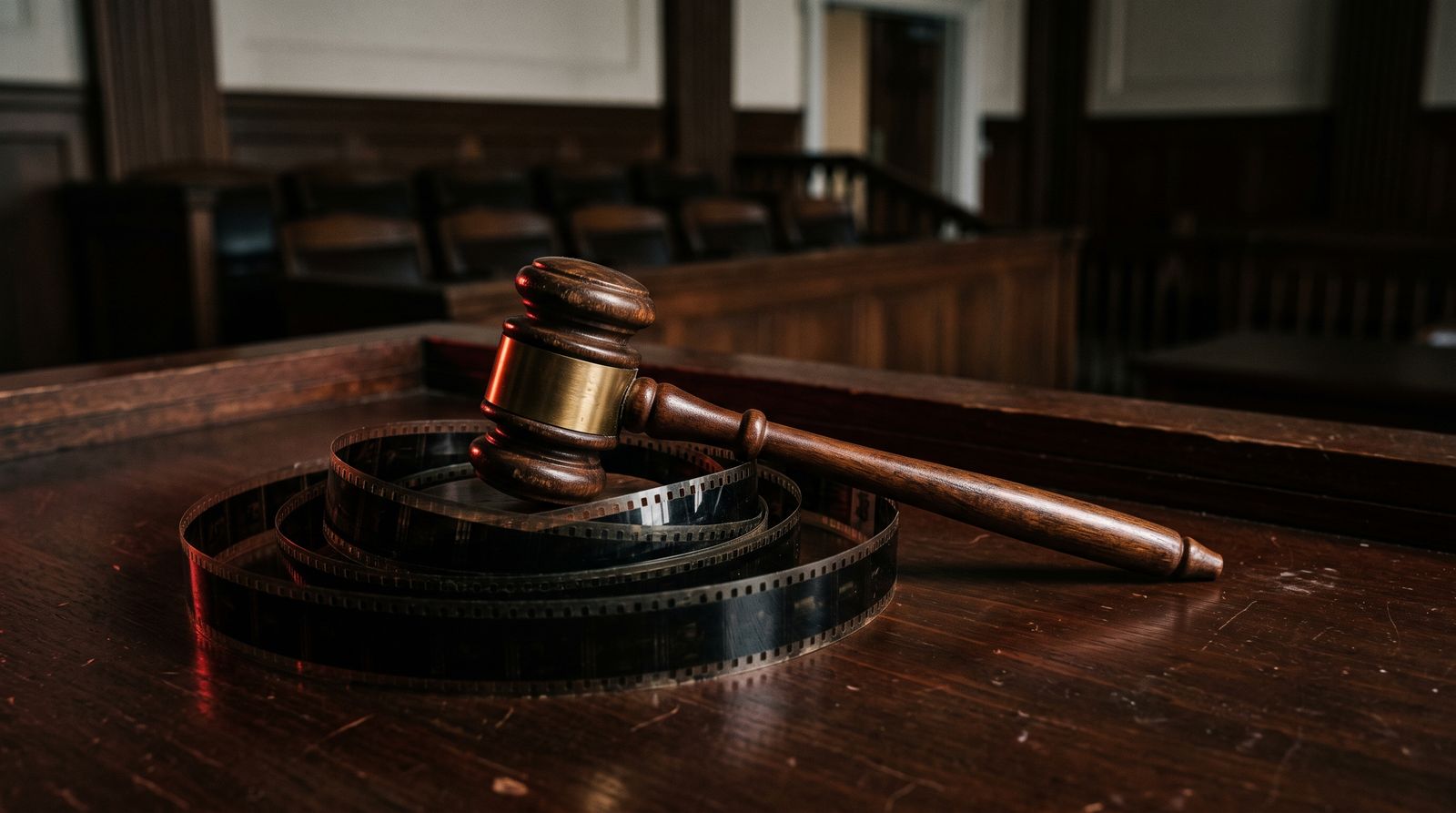 Gavel resting on strips of motion picture film on a courtroom desk