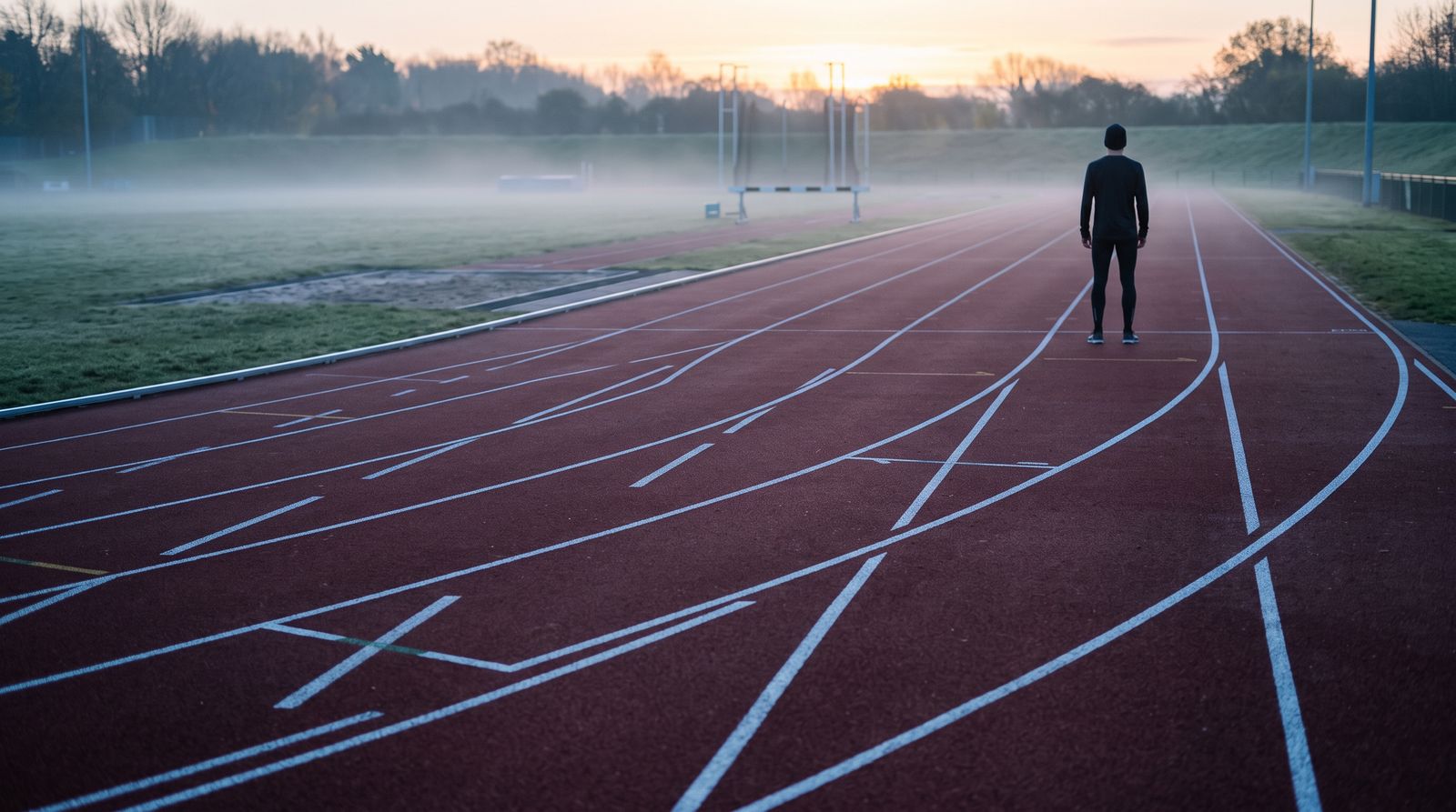 An empty running track at dawn with a lone figure at the start line