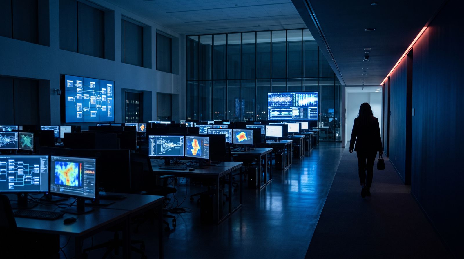 Empty corporate software office at night with glowing automation dashboards