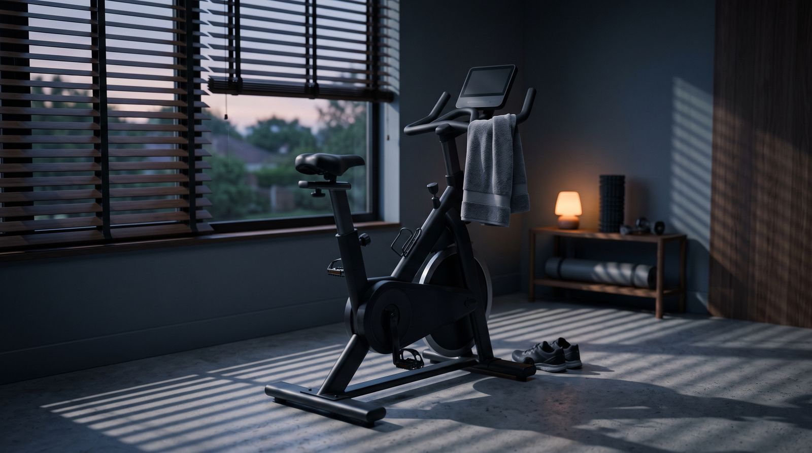 An unused stationary exercise bike alone in a dim home fitness room at dawn